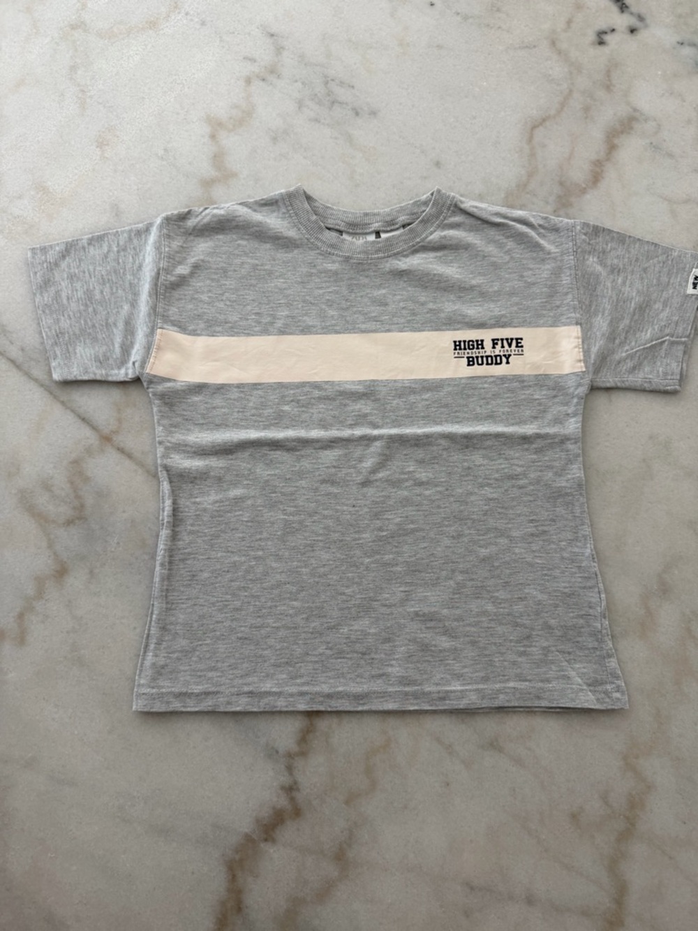 Zara Gray Tee with Cream Stripe "High Five Buddy"
